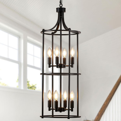 Foyer Chandeliers for High Ceilings, Lantern Tiered Black Chandelier Light Fixtu