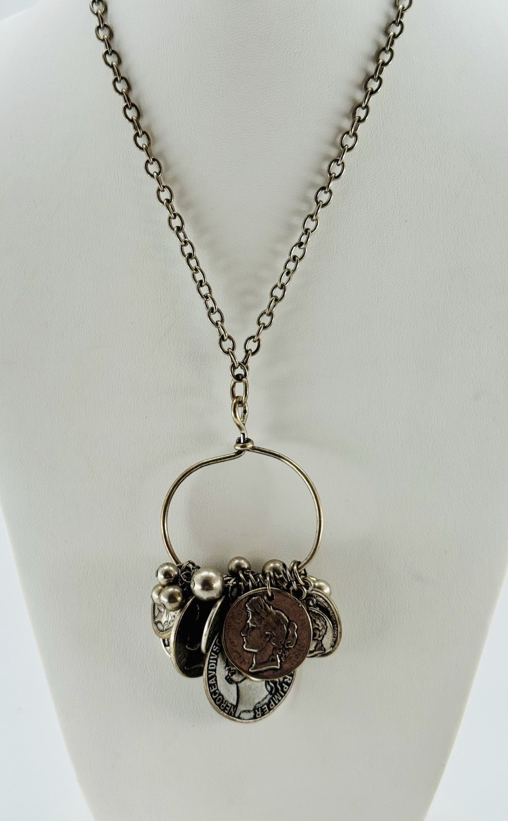 Coin Charm Cluster Statement Necklace Silver Tone… - image 4