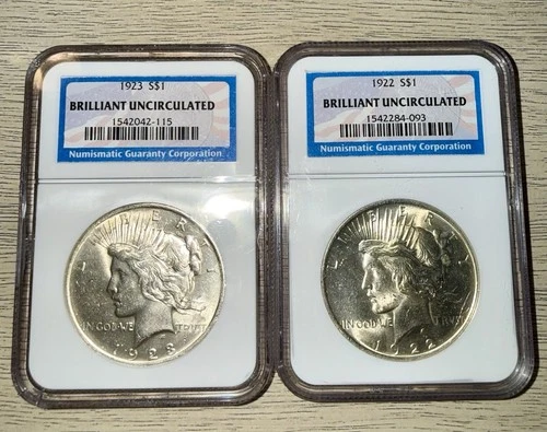 Philadelphia Mint Silver Peace Dollars 1922-1923 Set of 2 NGC BU blue Label
