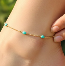 Minimalist Gold Beaded Anklet Turquoise Charm Dainty Gold Tone Foot Bracelet
