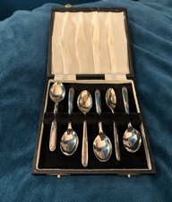 Vintage Teaspoons Set of 6 Made in England Floral Handles in Black Case