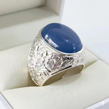Yemeni Aqeeq Ring, Natural Blue Agate Rings, 925 Sterling Silver Men Aqeeq Ring