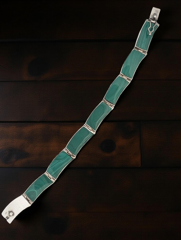 ESTATESOLID STERLING SILVER BRACELET 8 3/8" MALACHITE CURVED LINK HANDMADE #7842