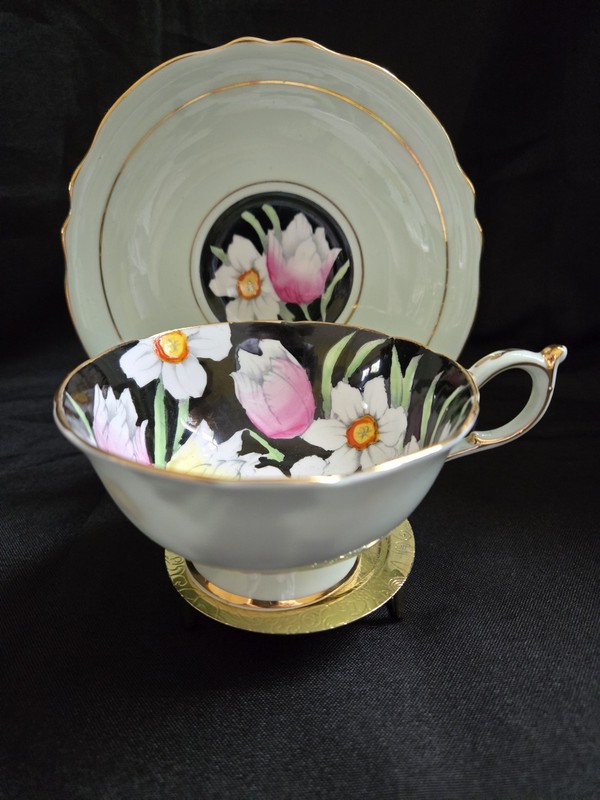 Paragon Double Warrant Tulip & Daffodil Black On Green Cup And Saucer