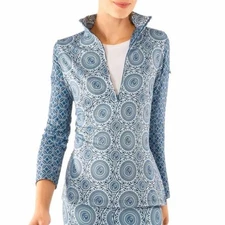 Gretchen Scott Designs Half Zip Pullover St. Lawrence Paisley Blue Patterned Top