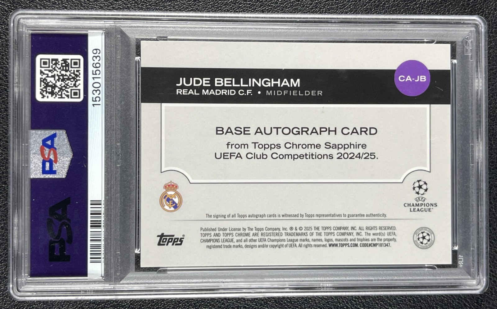 JUDE BELLINGHAM PSA 10 2024 TOPPS CHROME SAPPHIRE UCC AUTO YELLOW REFRACTOR /75 view 2