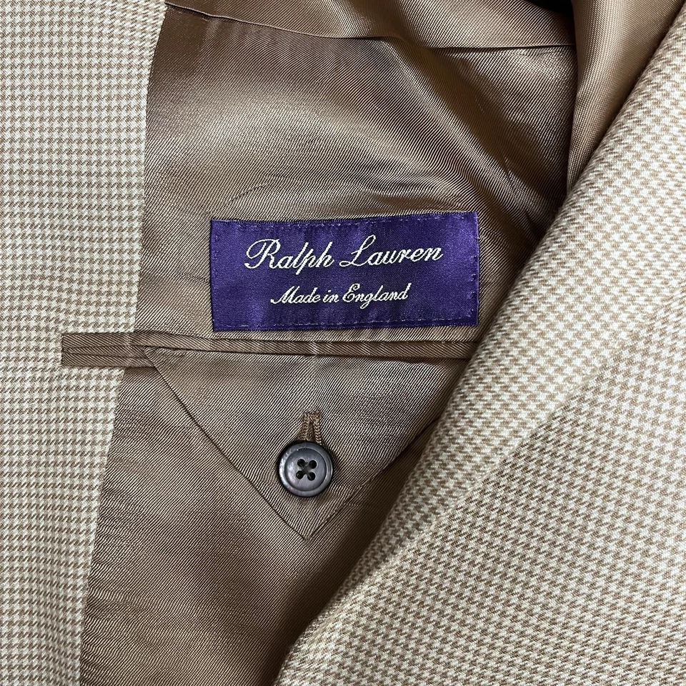 Blazer Ralph Lauren Etiqueta Púrpura Para Hombres Talla 44R Marrón Pata de Gallo Cachemira 2 Botones Foto 2 de 4