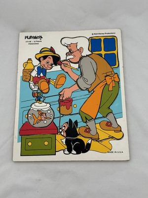 Vintage 70's Pinocchio Wood Frame Tray Puzzle Walt Disney Productions Playskool