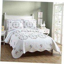 Vintage Floral Embroidered 3-Piece Quilt Set, All Seasons Full Queen Gwen