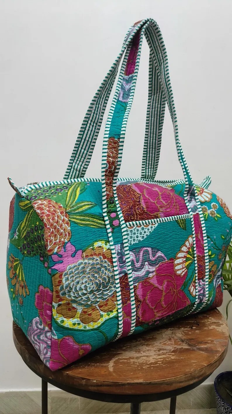Indian Green Floral Cotton Quilted Duffle Bag Women's Bags T