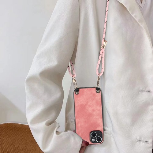 Solid color Skin feel Leather With Neck Strap Crossbody Phone Case Cover Back - Picture 2 of 21