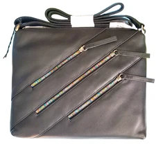 New ILI Black Leather Purse Rainbow Zipper Crossbody Pockets RARE Travel Bag 