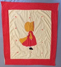 Vtg Baby Blanket Bonnet Dutch Girl Quilt Yellow Gingham Red Tiny Floral 41x50