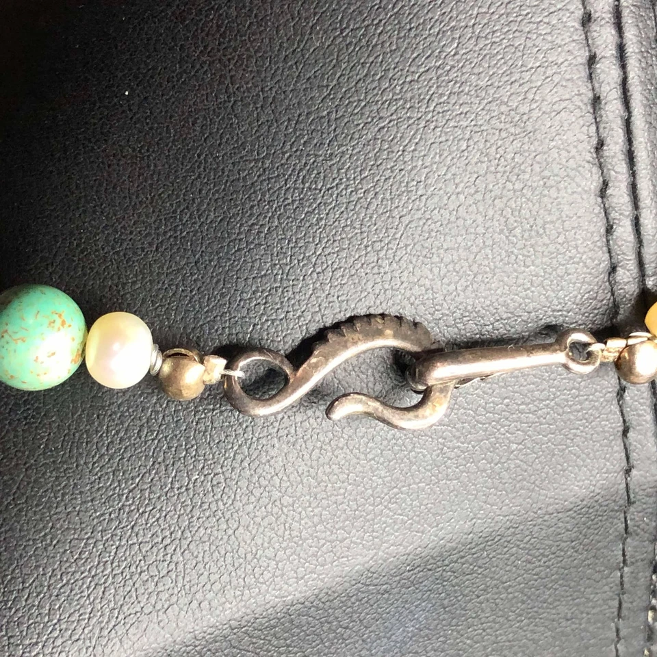 3221 Vntg Sterling silver .925 Genuine pearl & Turquoise necklace 15" 25.9 grams - Image 3 of 3