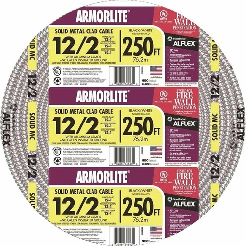 Southwire Armorlite 250ft 12/2 Solid Aluminum MC Cable Wire Wet Hazard Condition