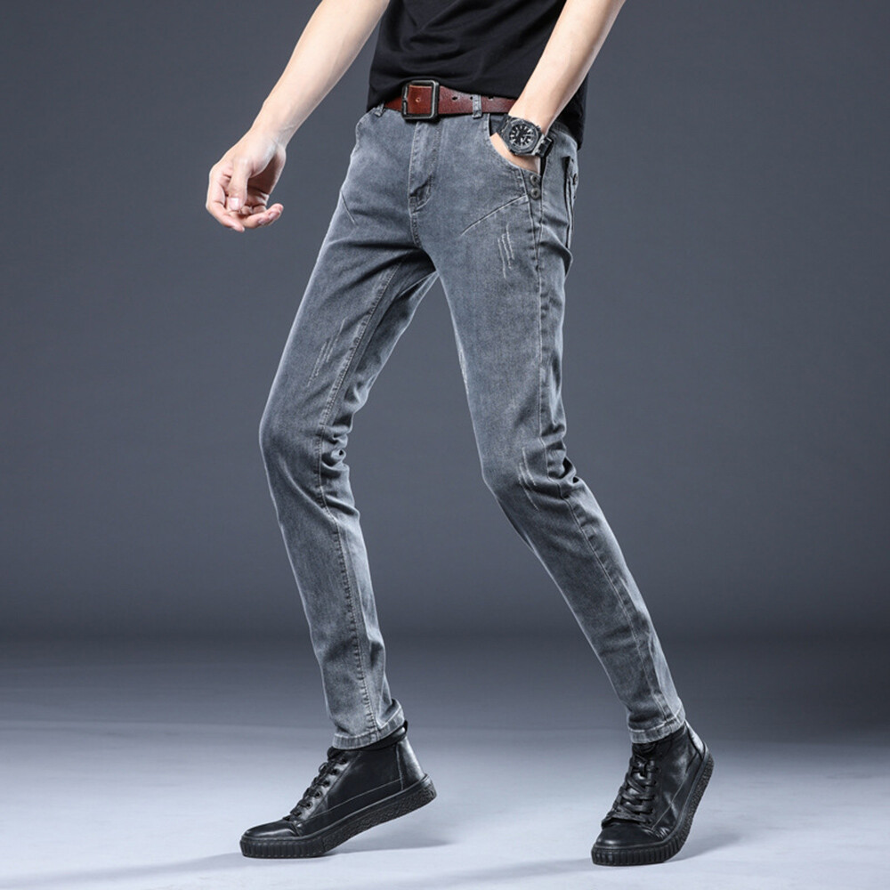 Men Dark Grey Denim Pants Heavy Duty Stretch Slim Fit Skinny Jeans Long  Trousers