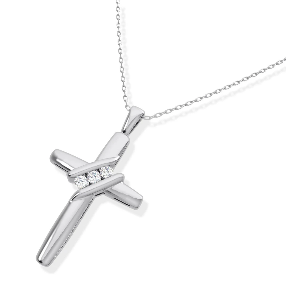 Collar con colgante de cruz de diamantes reales de 0,05 quilates cadena de oro blanco macizo de 10 quilates de 18" Foto 2 de 4