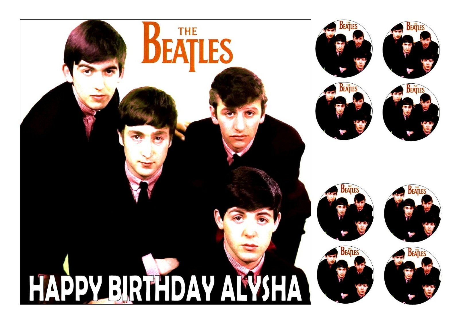 THE BEATLES  PERSONALISED  SQUARE EDIBLE ICED ICING 7.5 ins  + 8 CUPCAKE TOPPERS