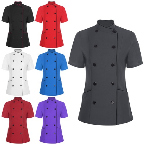 Women Jacket Kitchen Coat Cafe Tops Collar Short Sleeve Canteen Chef Cooking - Picture 3 of 77