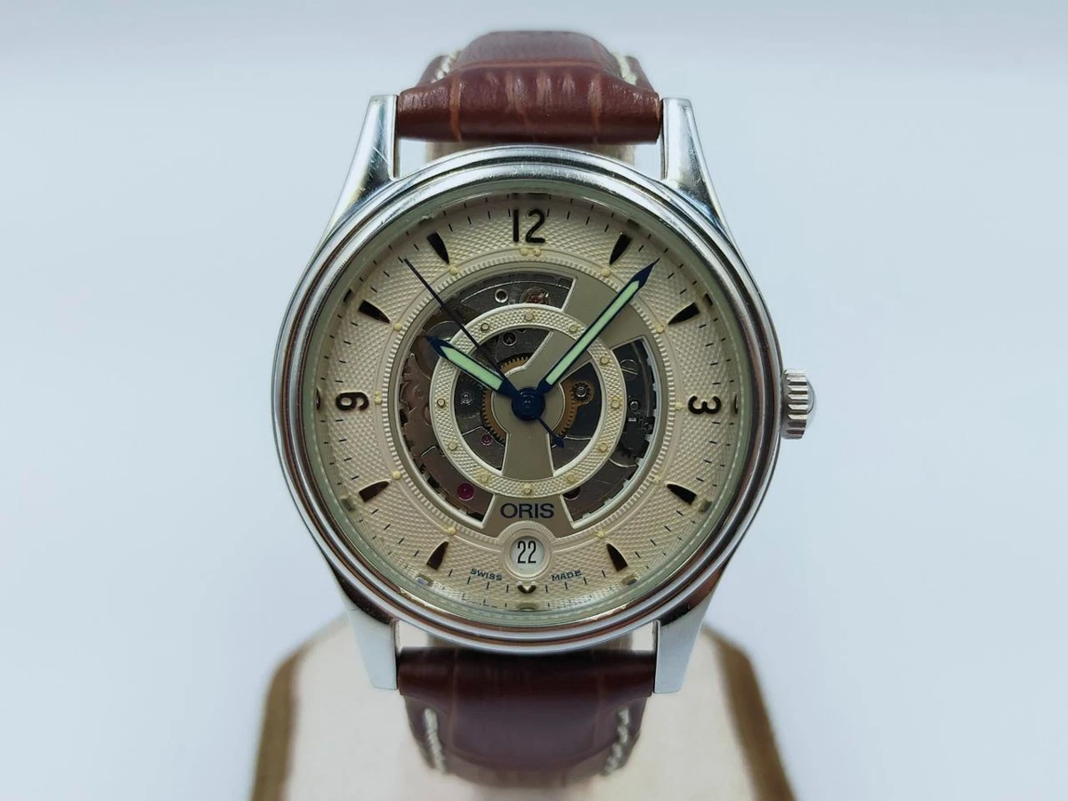 Authentic ORIS Ref 7481 Ivory Date Skeleton Engine Steel 35mm Automatic Watch