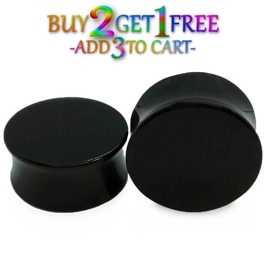 Pair 8g-50mm BLACK ACRYLIC PLUGS Double Flare Gauges Solid Ear Body Tunnels 1002 - Image 2 of 4