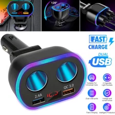 12V RGB 2 Way Car Cigarette Lighter Socket Splitter Dual QC3.0 USB Power Adapter