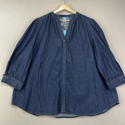 #ad #ad Draper James Chambray Denim Blouse Womens 2X Blue Button Front NWT Cotton $8.00