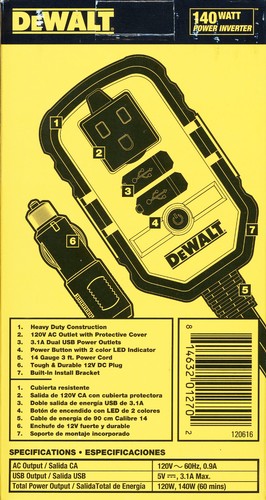 DeWALT 140 WATT POWER INVERTER 12V DC to 120V AC + 2 USB HEAVY DUTY CONSTRUCTION - Picture 4 of 8