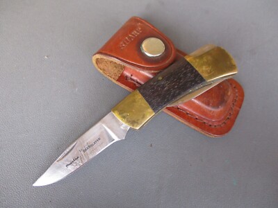 Vtg Precise DEERSLAYER 2-blade Pocket Knife, Japan & SHARP Leather Belt Pouch
