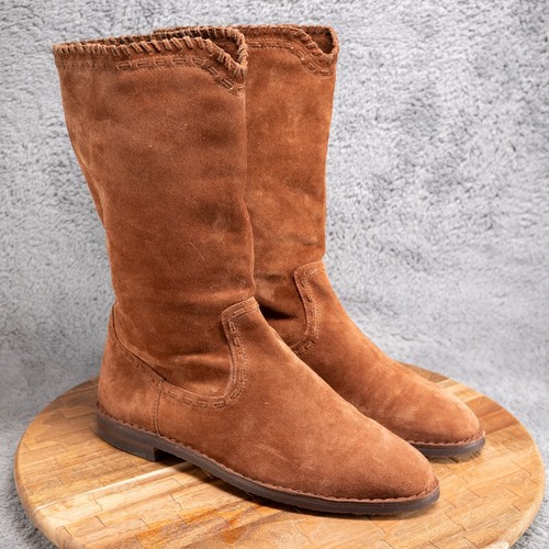 Trask Brown Whipstitch Suede Leather Womans 9 Mid Calf Side Zip Boots Slip On