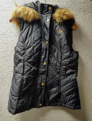 South Pole Womens Puffer Vest Small Medium Black with Fur Trim on