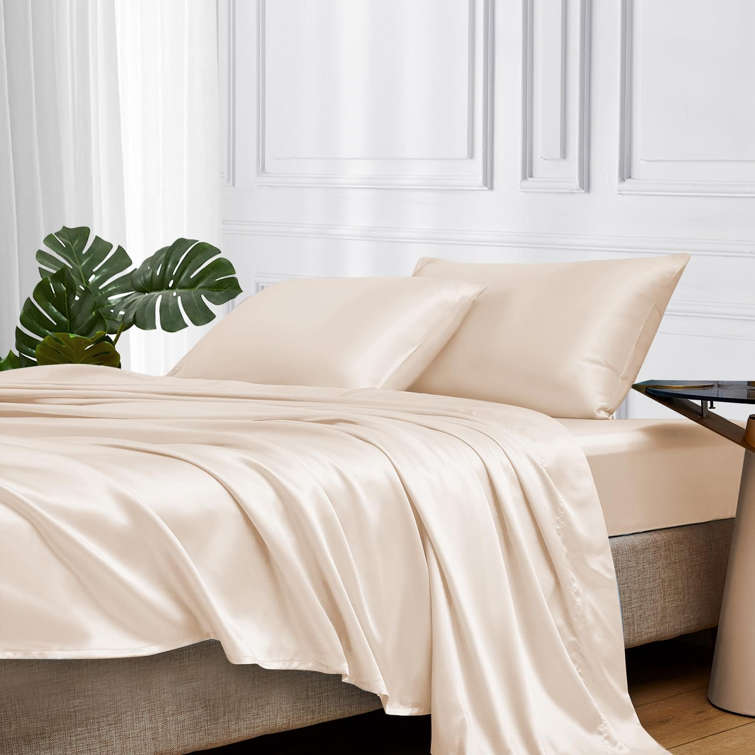 Satin Bed Sheets, Queen Size Sheets Set, 4 Pcs Silky Bedding Set with 15 Inches-image