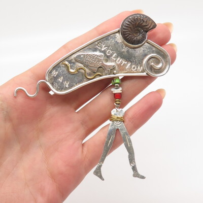 925 Sterling Silver 2-Tone Vintage Real Fossil ''Evolution Man'' Tribal Pin Brooch