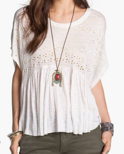 Free People Blouse Womens XS White Embroidered Dolman Jersey Boho Top Flowy - Picture 1 of 12