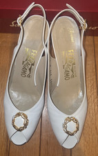 Salvatore Ferragamo Vintage White Leather Sling Back Heel Buckle Sz 8AA FREESHIP