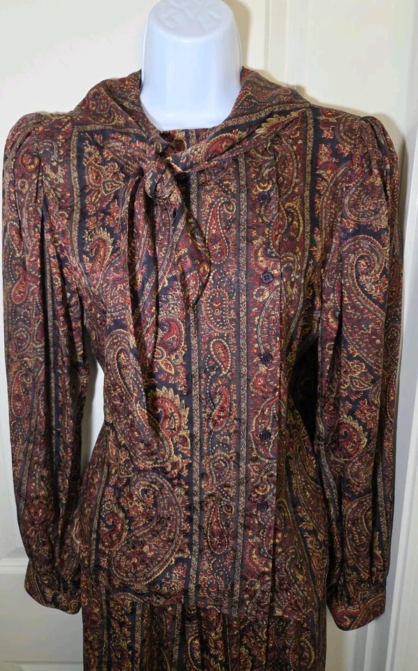 De Colección O By Oscar De La Renta 100% Seda Paisley Vestido Cuello Atado Falda Conjunto Blusa Foto 3 de 4