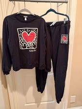 Keith Haring Sweatsuit Womens L Black Fleece Heart Graphic Sweatshirt Joggers