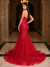 Long Red Fit and Flare Embroidered Beaded Lace Sheer Skirt Prom Dress Size 18