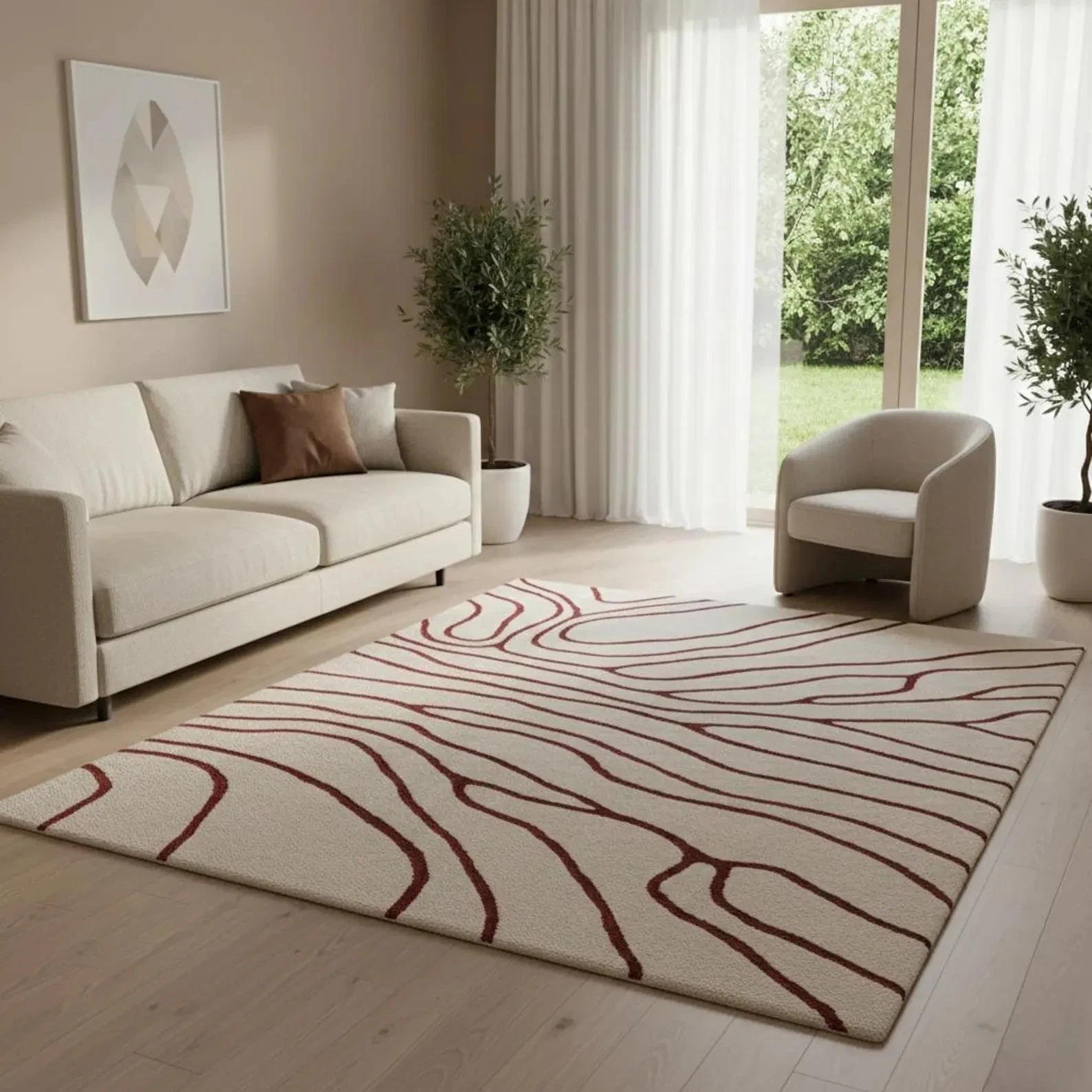 Hand-Tufted Wool Area Rug – Modern Scandinavian Red Line Design Area Rug Carpet.