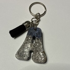 Letter A Silver Glitter Resin Keychain Charm w/ Black Tassel, Detachable Keyring