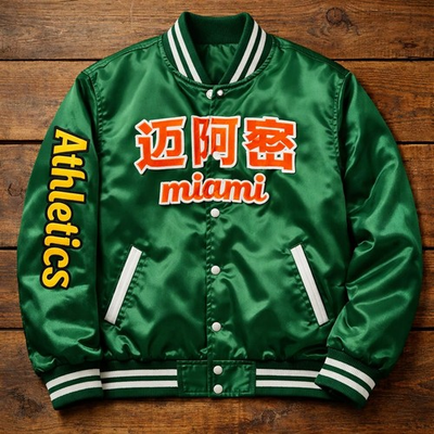 #ad Custom Handmade Miami Embroidered Logo Jacket Green Satin Varsity $149.00