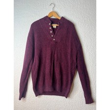 LL Bean Men Large Long Burgundy Marled Cotton Henley Sweater Made in USA Vintage
