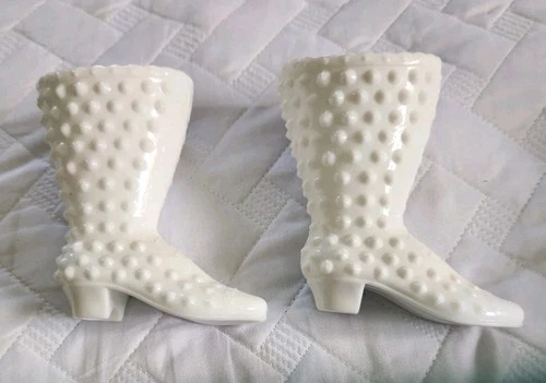 Vintage Fenton White Milk Glass Hobnail Lace Up Boot Figurine