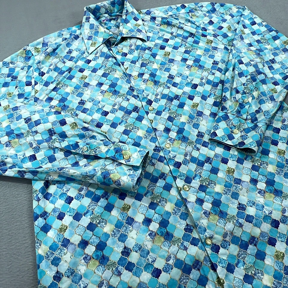 Camisa Coton Doux Para Hombre 17 Azul Estampado Geométrico Manga Larga Botón Delantero Foto 2 de 4
