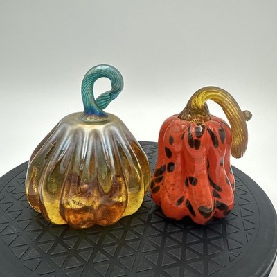 2 Vintage Art Heavy Glass Pumpkin With Curly Stem Hand Blown Vintage