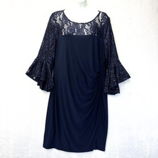 Adrianna Papell Lace Bell Sleeve Sheath Dress Womens 16 Navy Blue Sequin Formal