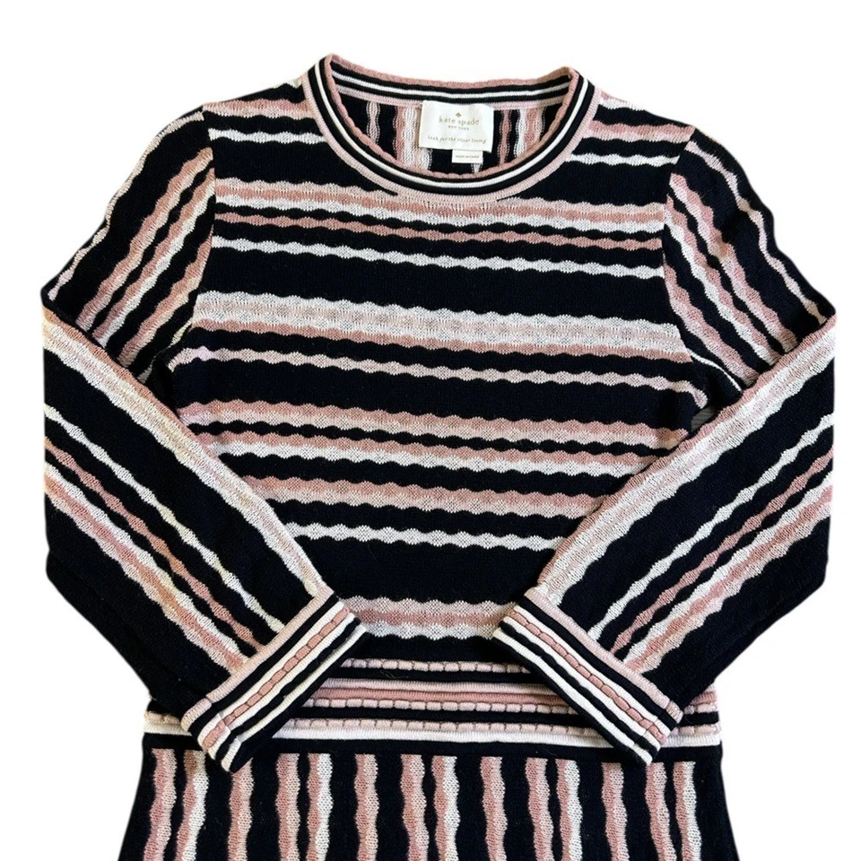 Vestido Suéter Kate Spade Vieira Tejido a Rayas Rubor Negro Crema Calce y Acampanado Talla S Foto 3 de 4