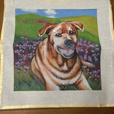Dog lab pitbull needlepoint canvas kitted pillow large partially stitched 