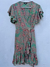 One & One Wrap Dress Womens Small Medium 36” Green Gold Floral Flutter Short
