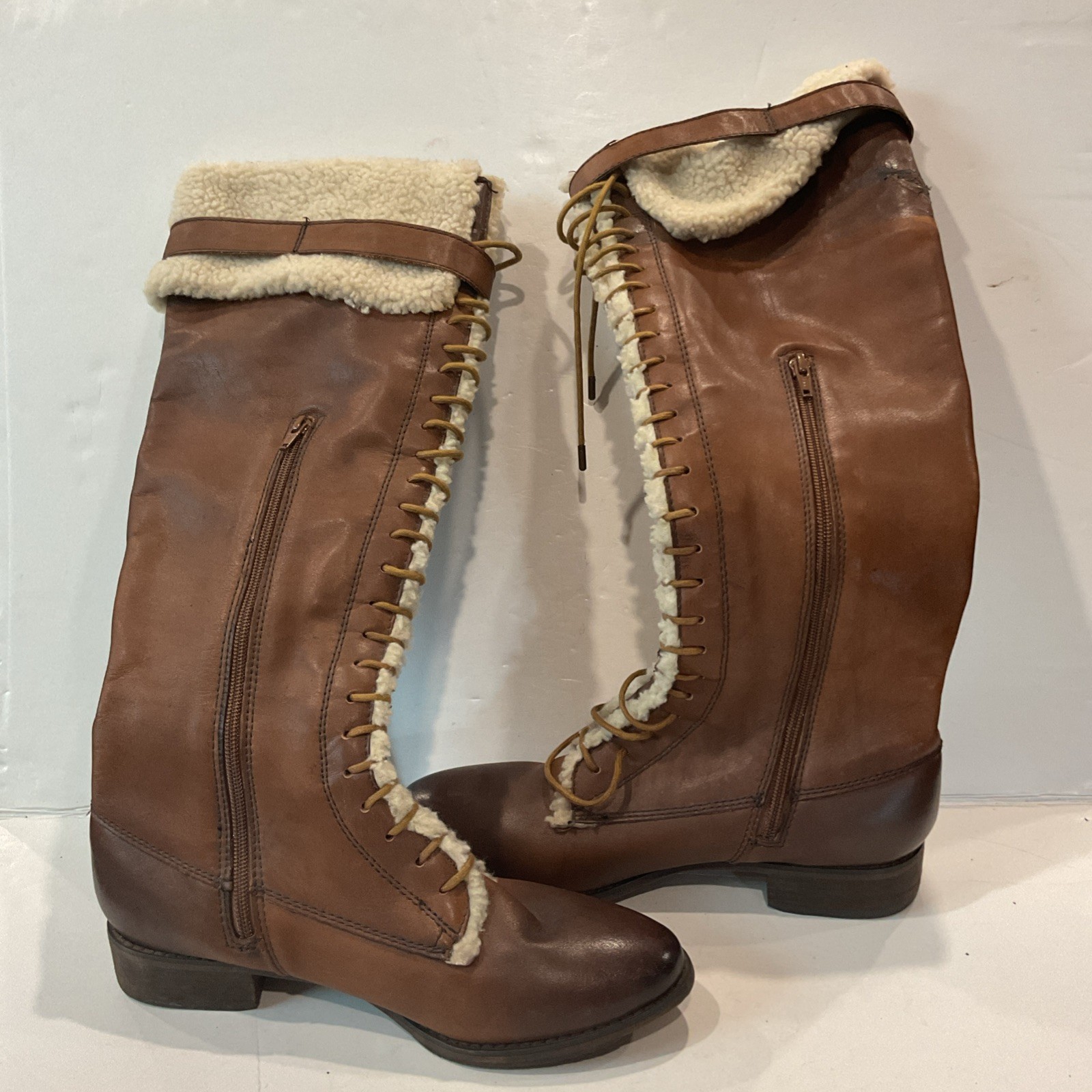 Arturo Chiang Women's Riding Boots 7.5 Brown Leather Tall Lace Up Front 10m